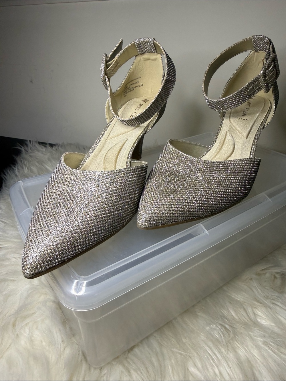 Anne Klein Sparkle Pointed Toe Ankle Strap Kitten Heels - Silver